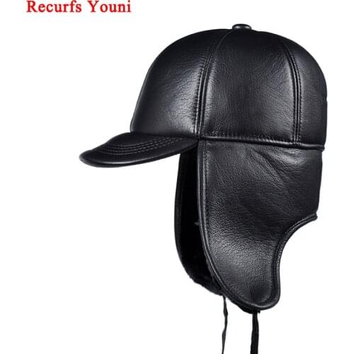 Winter Man Genuine Leather Cap Male Warm Faux Fur Inside Big Earflap Gorras Middle-Aged Elderly Father Cold Protect Bomber Hats