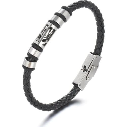 2021 Charm Jewelry Stainless Steel Weave Leather Scorpio Bracelet Vintage Titanium Steel Cuff Bracelet Men Pulsera Hombre
