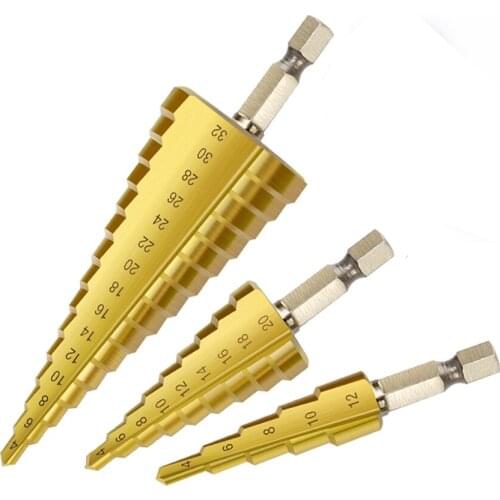 3 Pcs Step Drill Bit 4-12/20/32mm Coated Step Cone Metal Hole Power tool HSS Steel Cone Drill Bit Set HSS Steel Step Sharpening