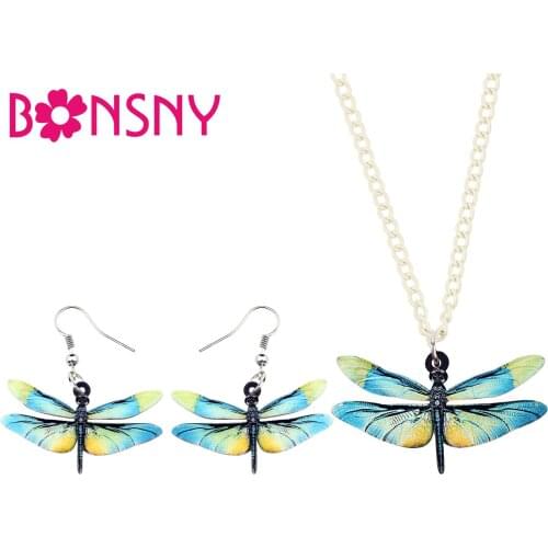 Bonsny Acrylic Dragonfly Insect Jewelry Sets Earrings Drop Dangle Necklace Pendant Unique Animal Gift For Women Girls Bijoux Hot