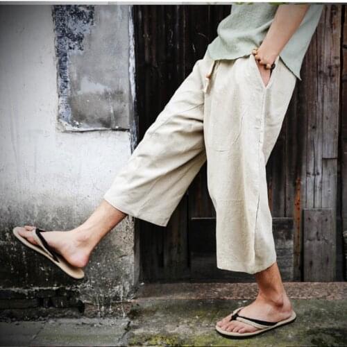 Cotton Linen Wild Leg Pants Summer Baggy Male Pants Trousers Casual Loose Calf-Length Pants Man Bloomers japanese streetwear men