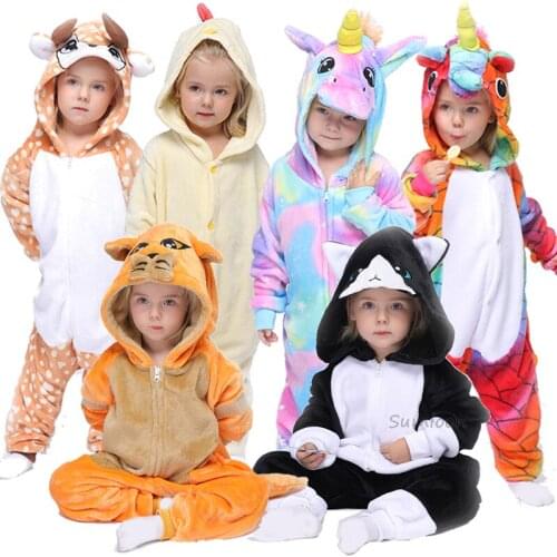 Winter Children Unicorn Kigurumi Pajama Kids Boys Girls Anime Panda Overalls Rabbit Pijama Onesie Baby Animal Sleepwear Cosplay