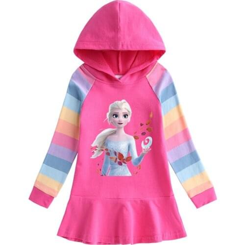Disney Cartoon Hoodie Dress Autumn Frozen Elsa Girls Kids Cartoon Rainbow Long Sleeve Children Kids Cotton Sweater Clothes