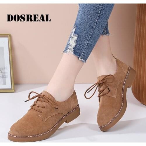 DOSREAL Suede Leather Oxfords For Women Top Quality Spring Autumn Women Flats Leather Lace up Classic Footwear Lady Dress Shoes