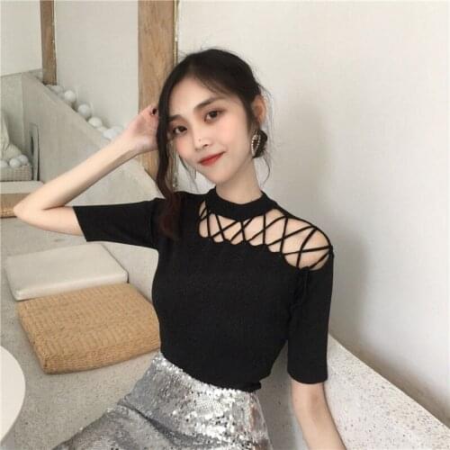 Hollow tie slant shoulder short sleeve T-shirt womens base shirt 2021 summer student slim knit top fashion