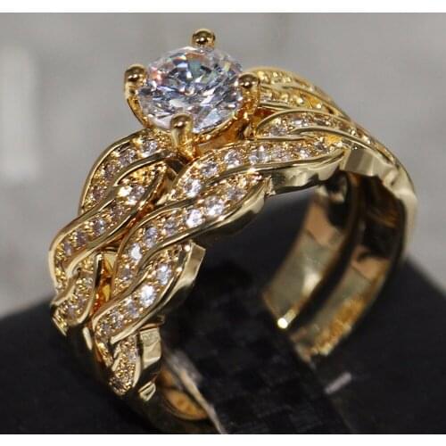 Lovers' Ring for Women Trendy Jewelry Gold Filled Round Cut 5A Zirconia CZ Party Women Wedding Bridal Cross Couple Ring Set Gift