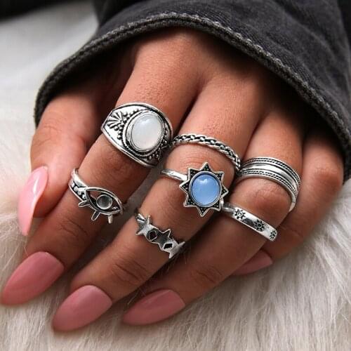 Retro Style Ancient Silver Color Alloy Zircon Leaf Eye Elephant Star Moon Pattern Ring Set for Women Adjustable Rings Gift 2018