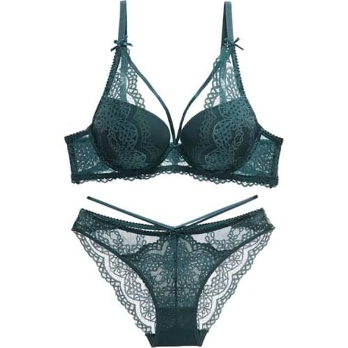 Sanderala Sexy Women Bra Push Up Brassiere Cotton Thick Black Gather Sexy Bra and Panties Sets Embroidery Lace Lingerie Set