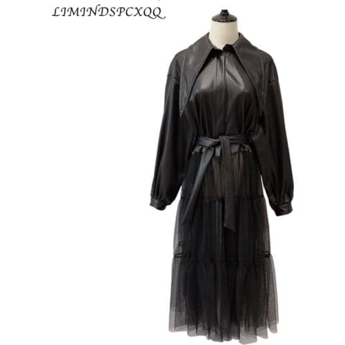 2021 Autumn New Jackets Women Ropa Fashion Solid Color Long Mesh Gauze Stitching PU Leather Coat With Belt Female Ropa De Mujer