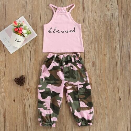 Summer Toddler Girl Sleeveless Letter Printed High Neck Halter Tops Camouflage Printed Long Pants 2pcs Outfits Children Clothing