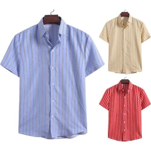 Best Sale Plus Size Men Summer Casual Button Down Vertical Striped Blue Red Short Sleeve Shirt