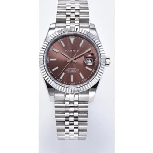 Fashion Parnis 39.5mm Brown Dial Automatic Mens Watches Calendar 21 Jewels Mechanical Men Watch Reloj Hombre Marca De Lujo 2021