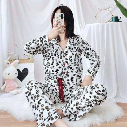 Fashion Spring and Autumn New Ladies Cotton Knitted Long-sleeved Trousers Daisy Pajamas Suit Flower Home Service Kawaii