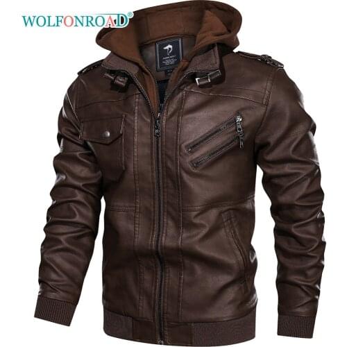 WOLFONROAD Mens Removable Hooded Motorcycle Jackets Biker Faux Leather Jackets PU Leather Outer Riding Coats Windbreaker Male