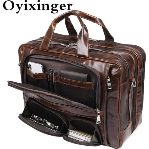 OYIXINGER Mens Genuine Leather Laptop Bag Large Capacity Laptop Briefcase For 17" Macbook Multifunction Business Shoulder Bags