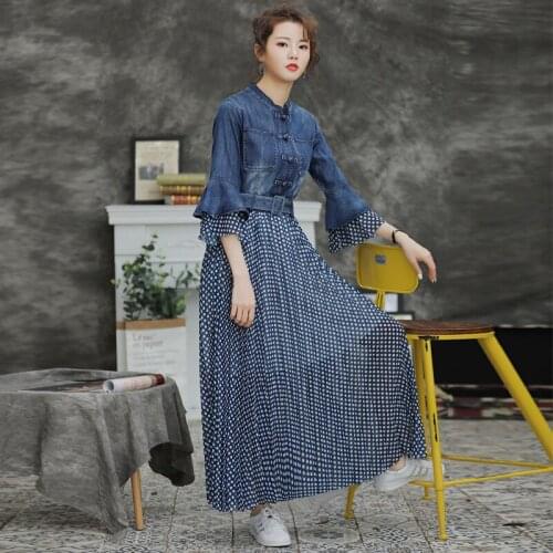 Original design spring 2020 denim dress women new splicing bull-puncher retro wave point dress 82185 horn sleeve