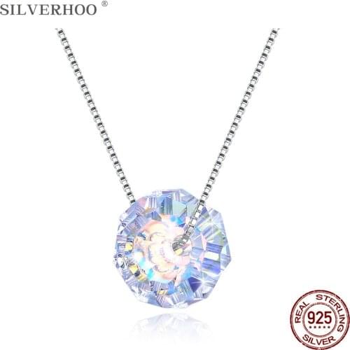 SILVERHOO 925 Sterling Silver Pendant Necklace For Women Polygon Austrian Crystal Necklace Party Jewelry Simple Gift Trend 2020