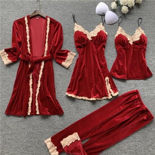 Sexy Women Sleepwear Robe with Pants Velvet Pajamas Lace Sleep Lounge 4 Pcs Sets Ladies Nightgown Bathrobe Indoor Clothing Suit