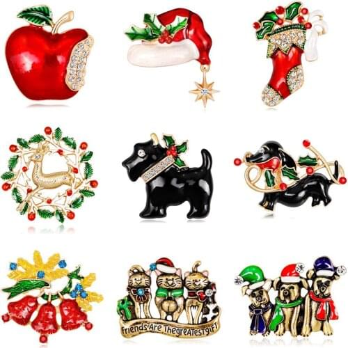 Christmas Series Brooches Pins Cute Little Dog Santa Claus Hat gloves Bells Socks Apple Enamel Pin Badges Brooch Jewelry AL3