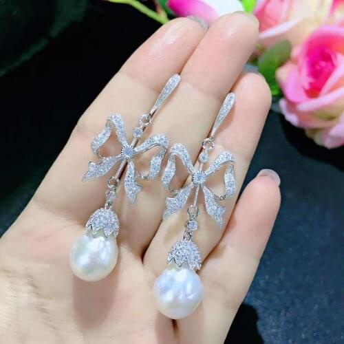 Baroque natural fresh water pearl drop earring 925 sterling silver with cubic zircon bowknot earring fine women jewelry long