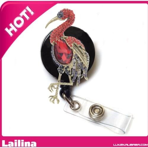 Rhinestone Retractable Badge Reel/ ID Badge Holder / Brooch / Pendant / Id Badge Holder ( Red rhinestone flomingo)
