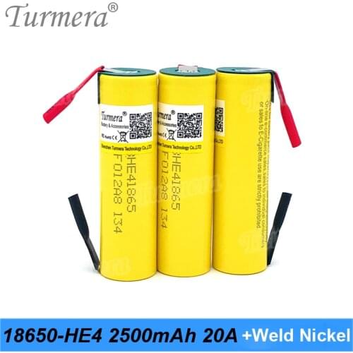 Turmera New HE4 18650 2500mAh Battery 20A with Welding Nickel for 12V 14.4V 18V 21V 25V Electric Drill Screwdriver Batteries Use