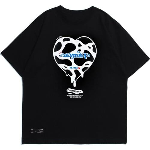 Hip Hop Tshirts Streetwear Cow Pattern Heart Print Tee Shirts Harajuku Short Sleeve T-Shirts Fashion Casual Cotton Tops