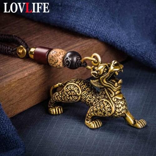 Vintage Brass Chinese Ancient Animal Beast Lucky Rope Keychain Pendants Handmade Lanyard Feng Shui Keyring Car Key Chain Rings