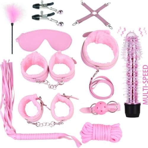 YEMA 12 Pcs/Set Fetish Restraints Sex Bondage Set Mouth Gag Ankle Handcuffs Wand Vibrator Whip Couple Sex Toys Salve Games
