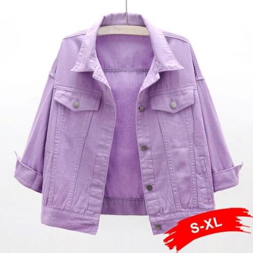 Plus Size Purple Women Leisure Bomber Jeans Jackets 2XL Candy Color Casual Short Denim Coats Korean Chi Basic Outfits