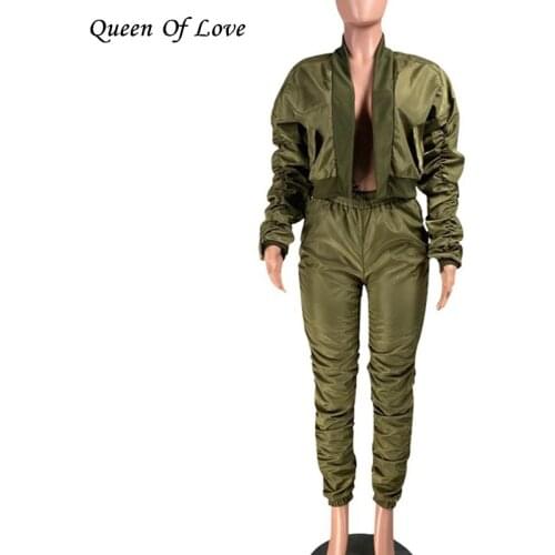Women Sport Pant Matching Set 2 Piece Outfits Zipper Fashion Crop Jacket And Ruched Pants Tracksuit Female