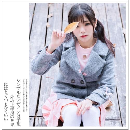 Chinese Style Sakura Womens Winter Set: Wool Blend Sakura Embroidery Coat + Pink Flower Hollow Out T-shirt + Pleated Skirt