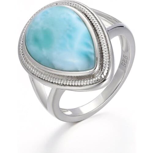 925 Sterling Silver Natural Gemstones Larimar Big Ring Retro Design Classic Simple Female Jewelry for Women Dating