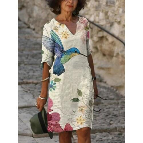2021 Vintage Women Dress Knee Length V Neck Lady Dress Half Sleeve Floral Print Face Print Bird Print Casual Plus Size 3XL