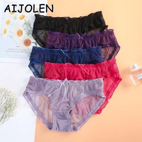 AIJOLEN Lace Mesh Bow Briefs High Elastic Mid-waist Seamless Panties Solid Color Hollow Sexy Ladies Underwear