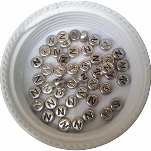 Free Shipping 4*7MM Silver Letter N Beads 3600PCS/Lot Silver with Black Printing Alphabet Coin Bracelet Beads