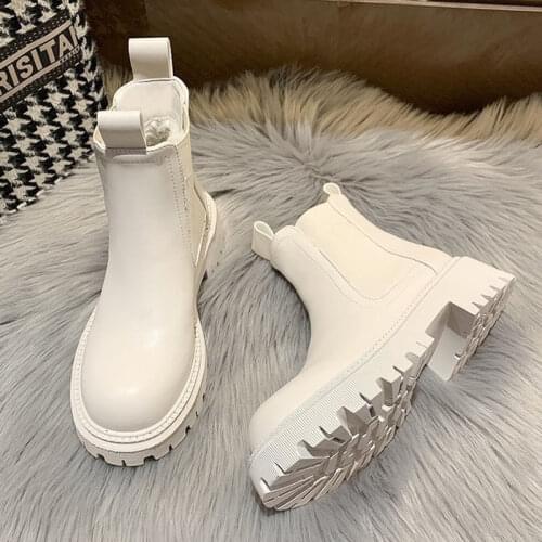 Boots Womens Autumn 2021 New Style Chelsea Elastic Ankle Boots White Black Platform Chunky Boots Round Toe Comfort Shoes