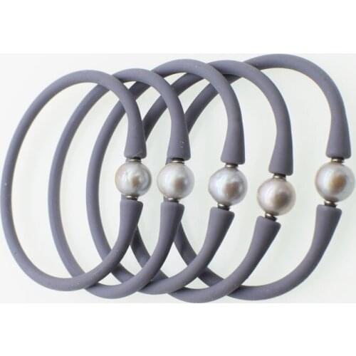Freshwater pearl bracelet gray near round 10-11mm and grey silicone nature 7.5inch FPPj wholesale beads good quality