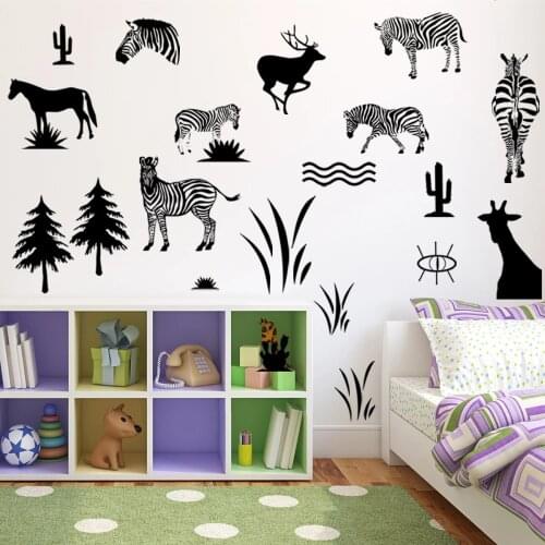 Black Animals Zebra Wall Stickers Pine Tree Cactus DIY Baby Living Room Bedroom Creative African Grassland Wall Decals PVC