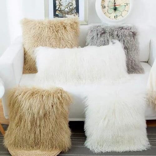 CX-D-04V Super Soft Plush Cushion Cover Real Mongolian Lamb Fur Pillow Cover