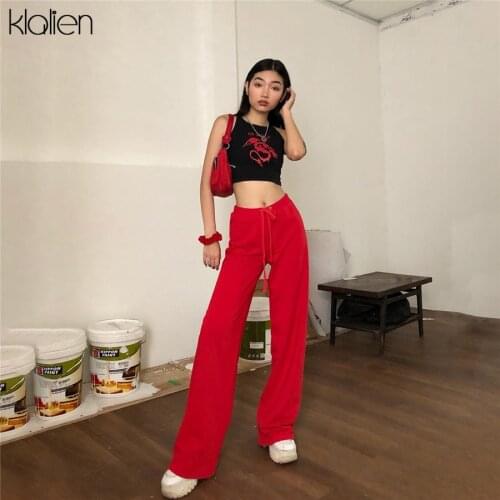 KLALIEN Mid Waist Elastic Casual High Waist Loose Embroidery Drawstring Full Length 2019 NEW Autumn Winter Wide Leg Pants