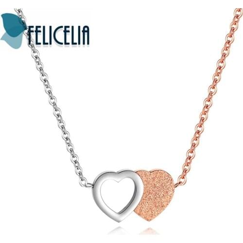 Felicelia Elegant Dissymmetry Women Girls Stainless Steel Double Love Pendant Necklace Jewelry Black/ Silver/ Rose Gold Color