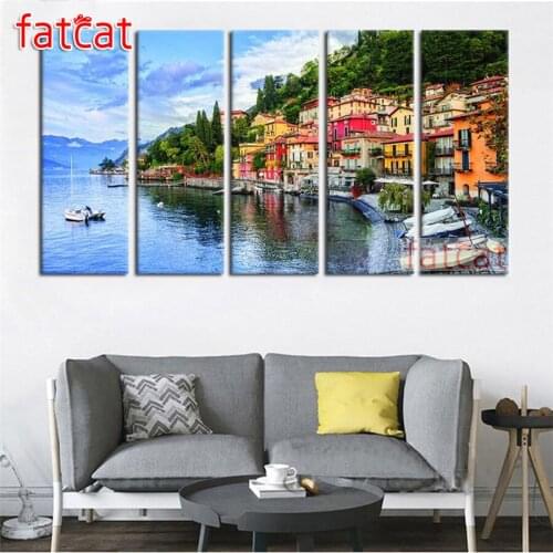 FATCAT Seaside town scenery 5d diy diamond painting full square round drill diamond embroidery large triptych kits decor AE2741