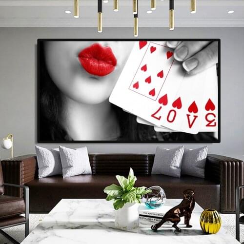 Woman with Red Lips Holding A Red Heart Card Canvas Painting Posters and Prints Abstract Wall Art Pictures for Living Room Room
