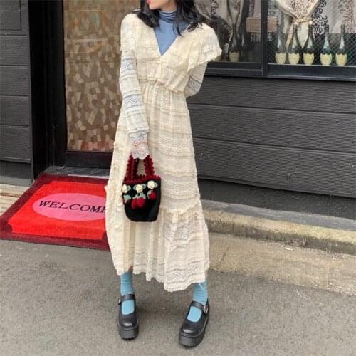 HziriP Elegant Cute Hot Sale 2021 Apricot Sexy V-Neck Girls Floral Sweet Fresh Fashion Lace Women High Waist Long Dresses