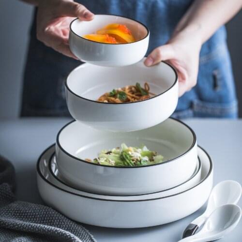 MUZITY Ceramic Bowl White Porcelain Black Rim Design Salad or Rice Bowl Dinnerware Bowls