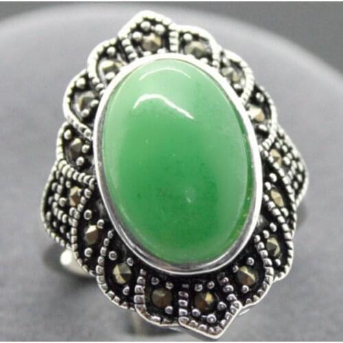 Fashion jewelry Retro17X22mm Green Jades Inlay Marcasite 925 Sterling Silver Ring 7/8/9/10