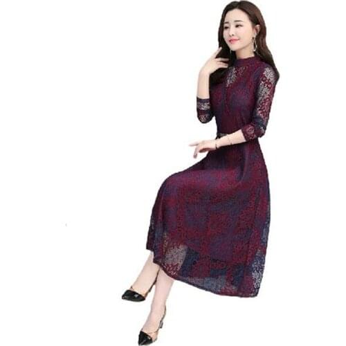 Lace dress 2020 spring new fashion stand-up collar solid color long-sleeved slim sexy temperament dress