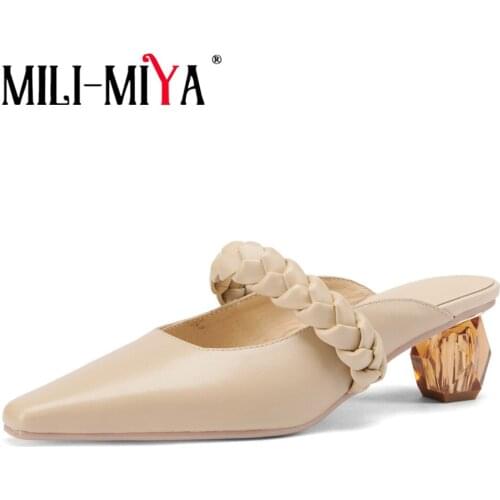 MILI-MIYA Big Size Summer Woven Genuine Leather Mules Women Slip On Slides Fashion Square Toe Strange Heel Sandals Outdoor Shoes