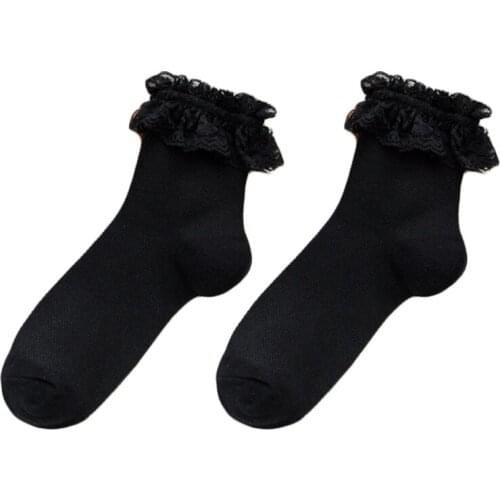 Women Girls Sweet Ruffle Frilly Lace Short Crew Socks Japanese Lolita Kawaii School Solid Color Breathable Mesh Hosiery